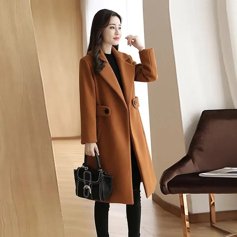 Korean Version Waist Cinching Woolen Coat for Women Medium to Long Women's Clothing Slim Fit and Slimming Over the Knees