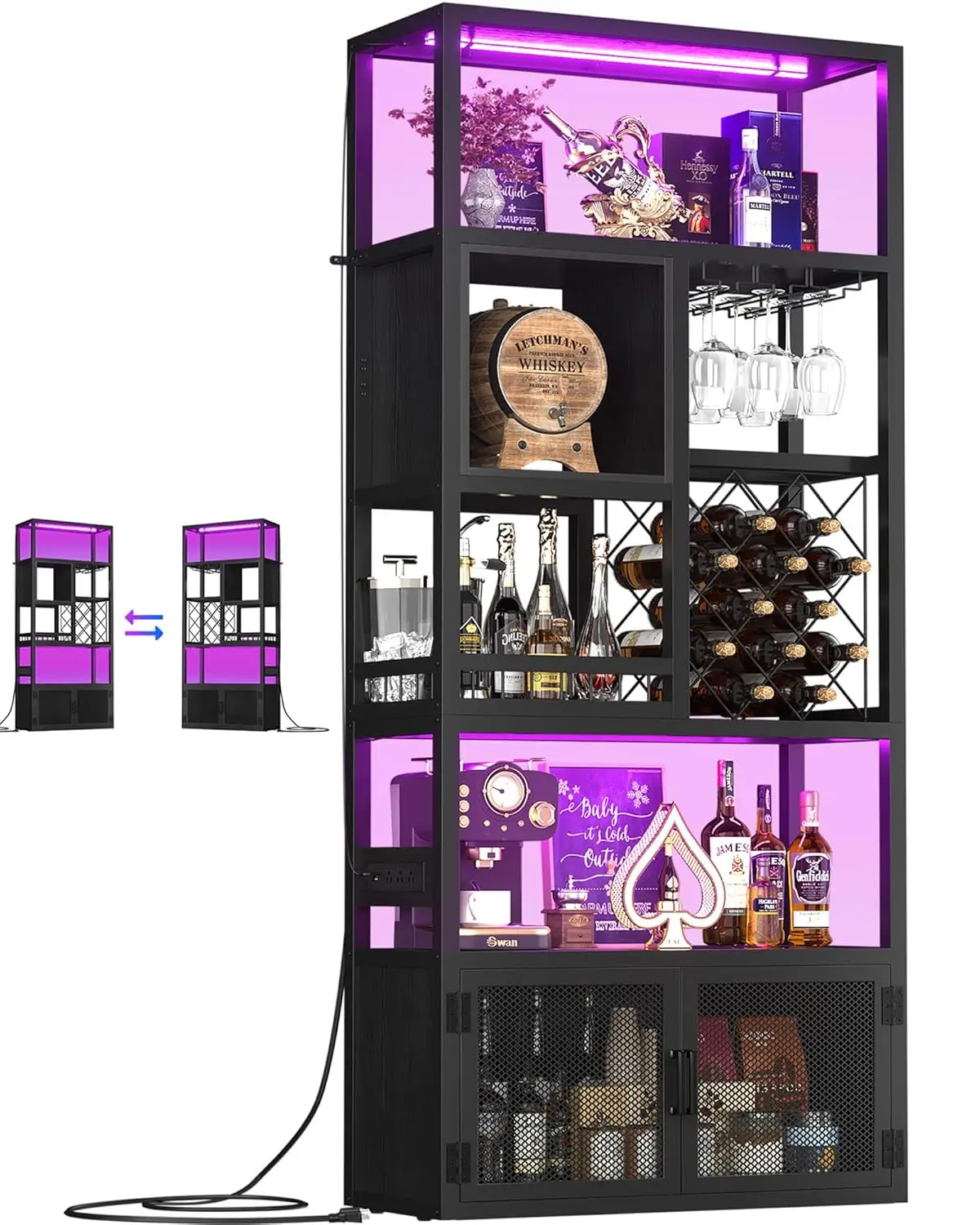 

82.6" Tall Bar Cabinet with Power Outlets & LED Lights, Liquor Cabinet Bar for Home, Reversible Coffee Station Wine, Customized