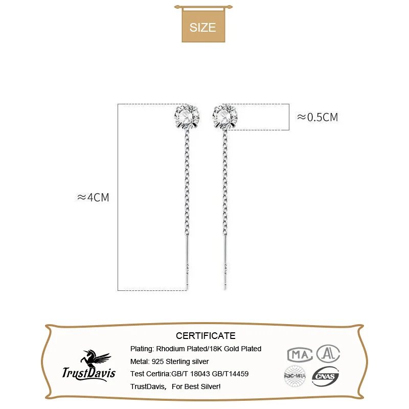 TrustDavis 925 srebro linia uszna błyszczące cyrkonią kamienie spadek kolczyk dla kobiet nastolatki Wedding Party Fine Jewelry DS3434