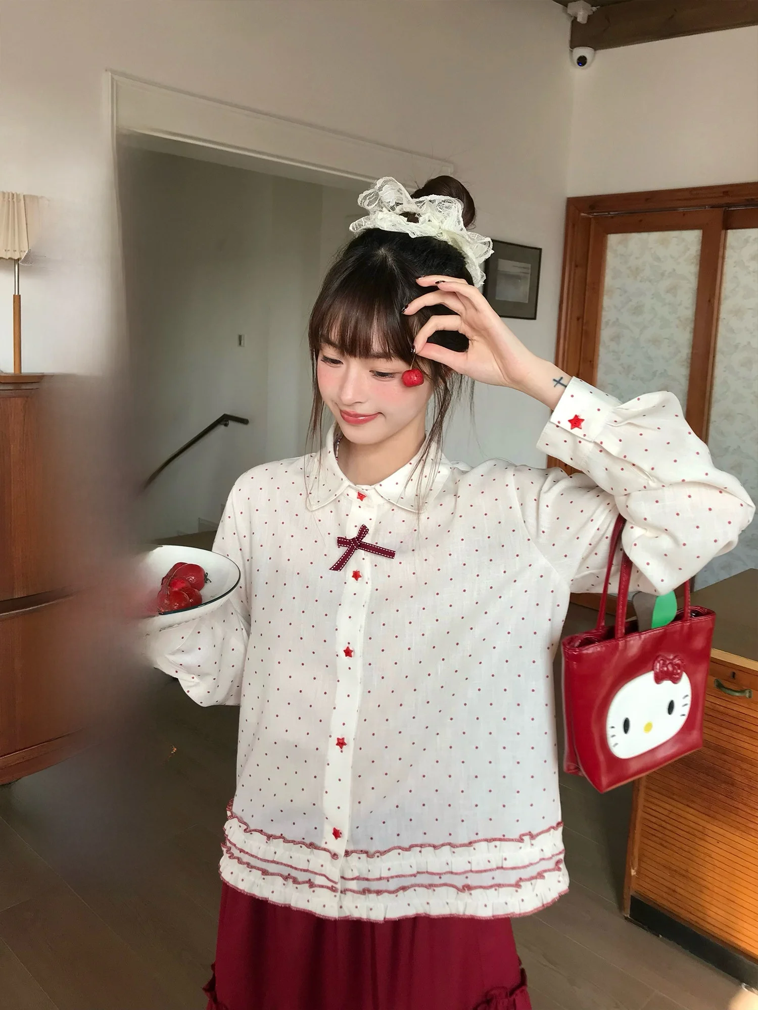 

Женская блузка BibiBency Sweet Sle с длинными рукавами, красная, в горошек, с узлом, весенняя, с отложным воротником, универсальная, комфортная посадка