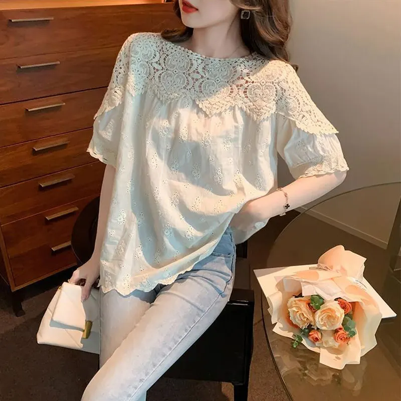 Summer Vintage Lace Hollow Out Patchwork Shirt Women\'s Clothing Solid Color All-match Stylish O-Neck Loose Short Sleeve Blouse