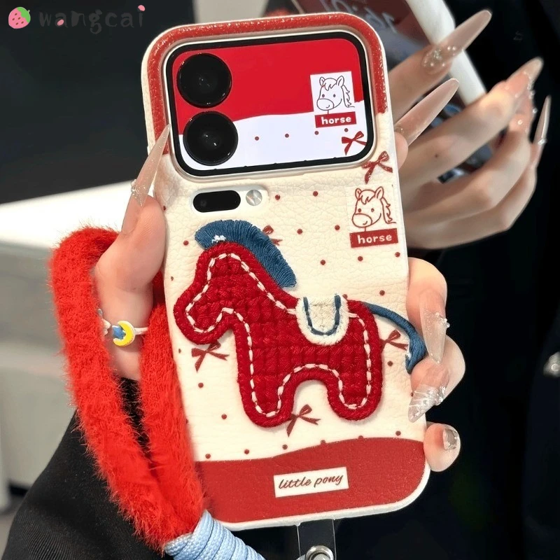 New Year Pony Phone Case For iPhone 17 Air 16E 16 15 14 Plus 13 12 Mini 11 Pro Max Luxury Cover Horse PU Leather Soft Case