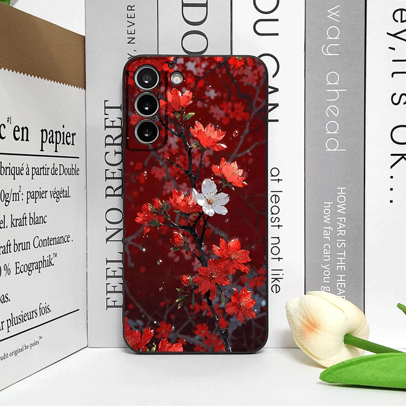 الرجعية الفنية زهرة حمراء زهر البرقوق نمط جراب هاتف ل OnePlus 12 13R 11 10 9 8 Pro Nord 4 N100 CE3 ACE2 ACE3 غطاء ناعم #4