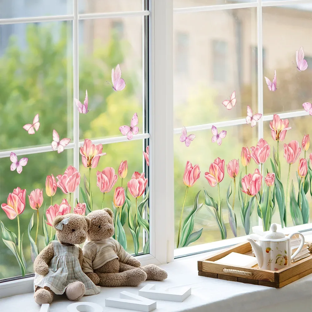 

INS Beautiful Watercolor Tulip Butterfly Window Sticker Bathroom Toilet Tile PVC Waterproof DIY Decals Home Decoration Paintings