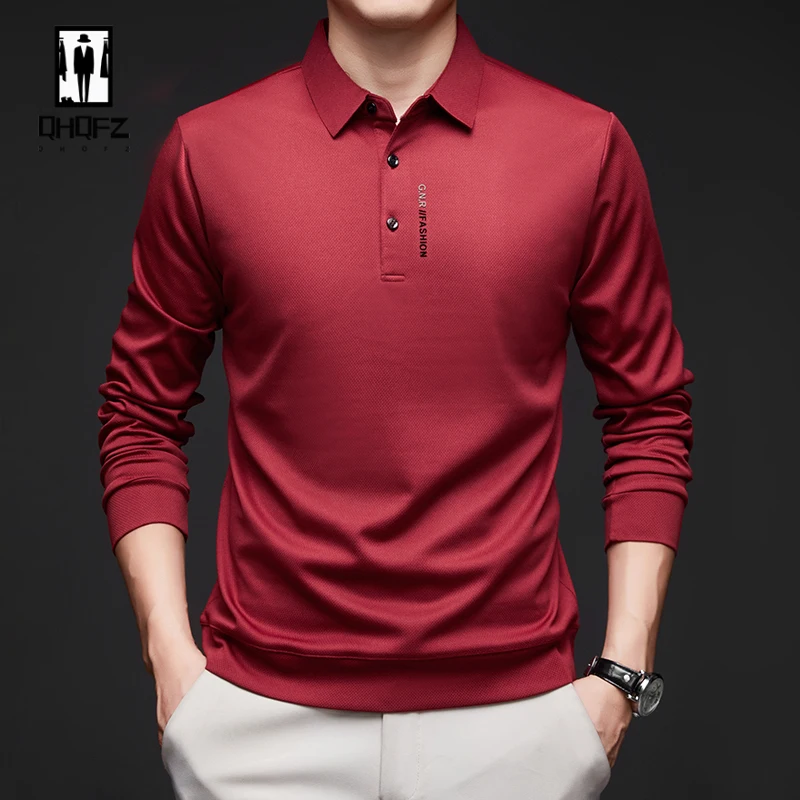 New Men's Business Casual Long Sleeved Shirt with Badge Solid Color Polo Shirt Fashionable Breathable Comfortable Versatile Top