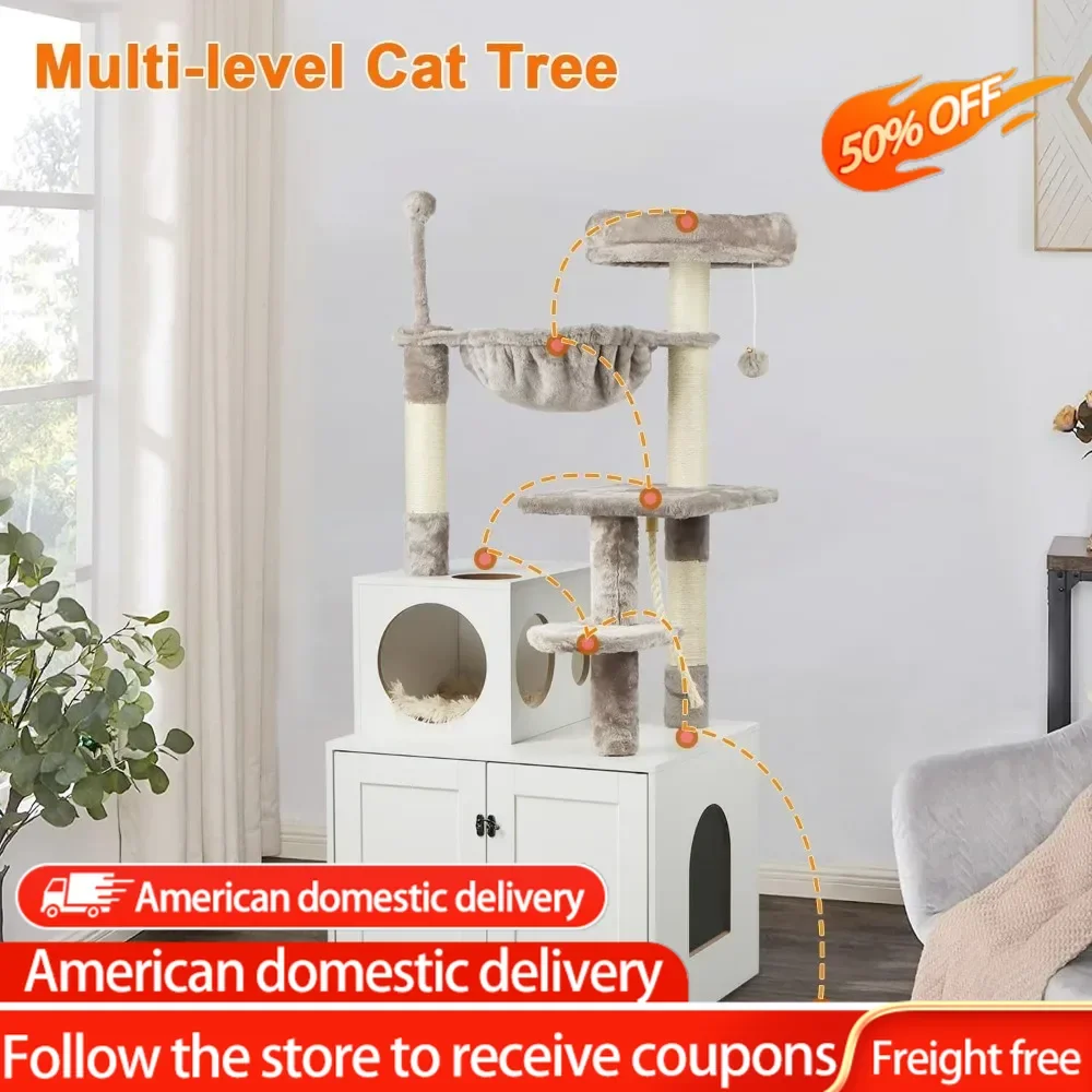 

Cat Tree with Litter Box Enclosure, 2-in-1 Cat Tower for Indoor Cats, Condo with , Scratching Posts, Pompoms, White