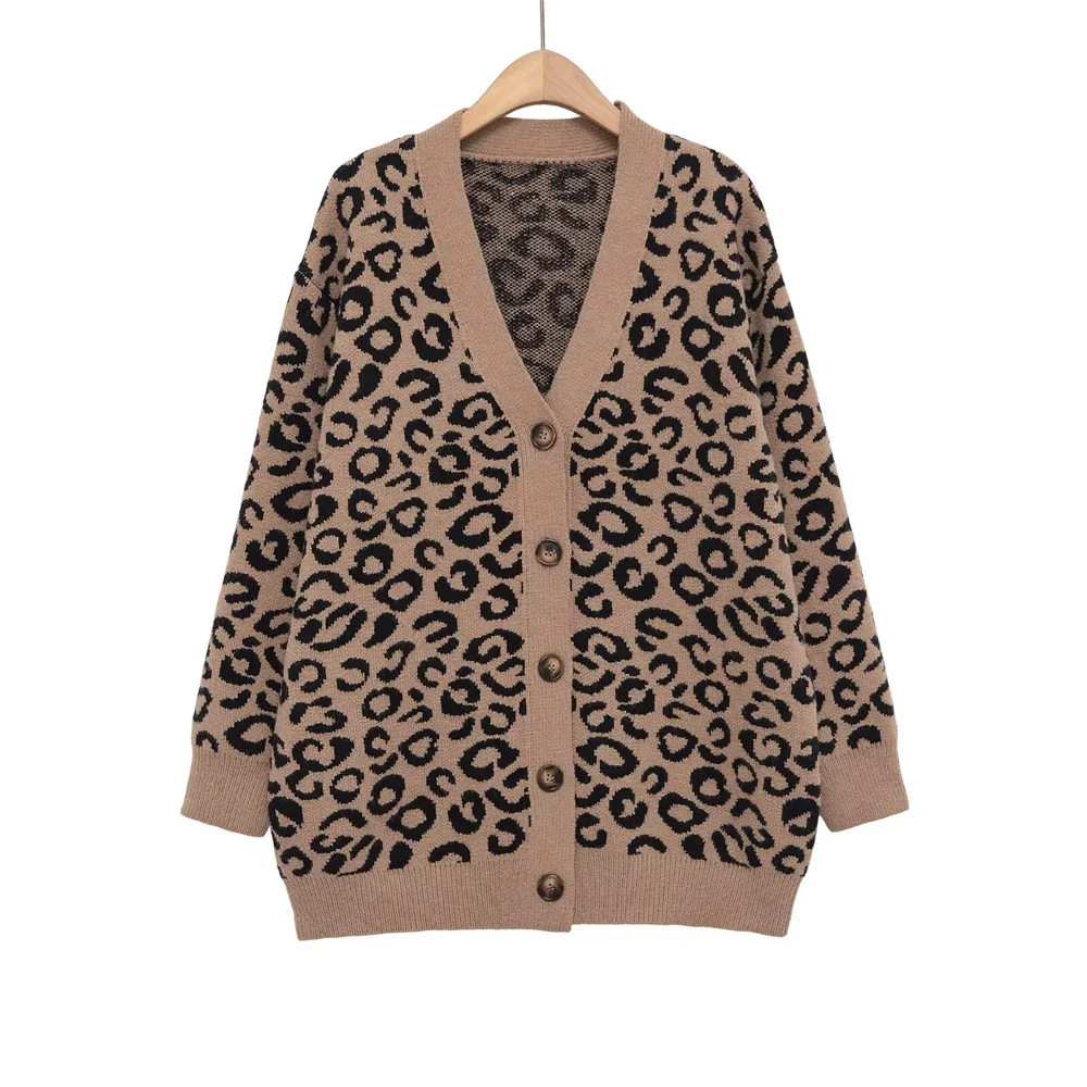 

Autumn/Winter New Arrivals Women's Fashion Versatile V-Neck Jacquard Animal Print Knit Loose Jacket