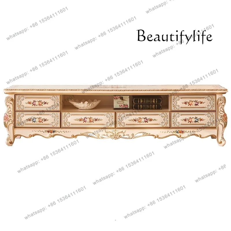 

European hand-painted rose French palace gold painting living room home all solid wood luxury TV floor cabinet decoración hogar