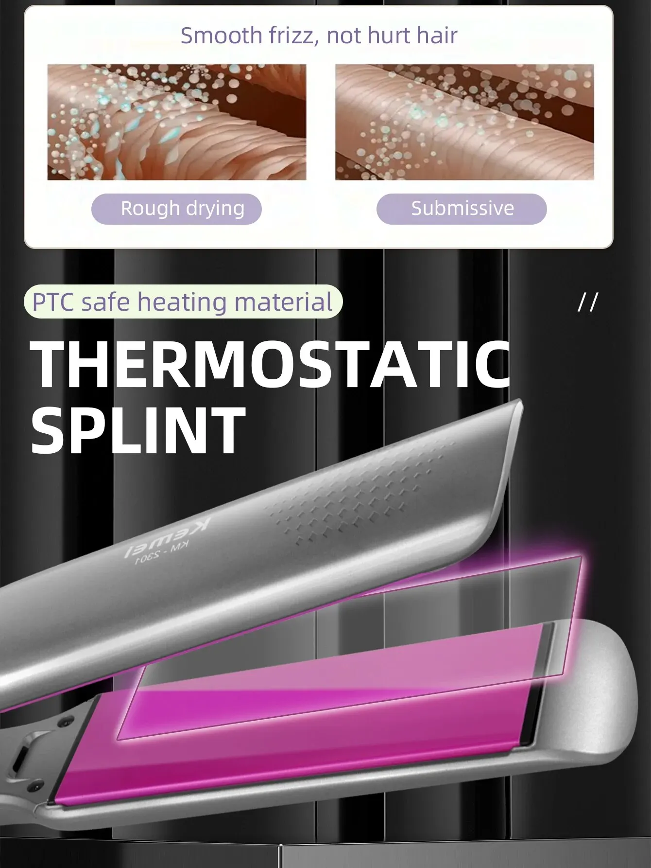 جهاز فرد شعر من الحديد المسطح من KEMEI مع شاشة LCD ، جهد مزدوج ، تسخين أطباق سيراميك عائمة بسرعة