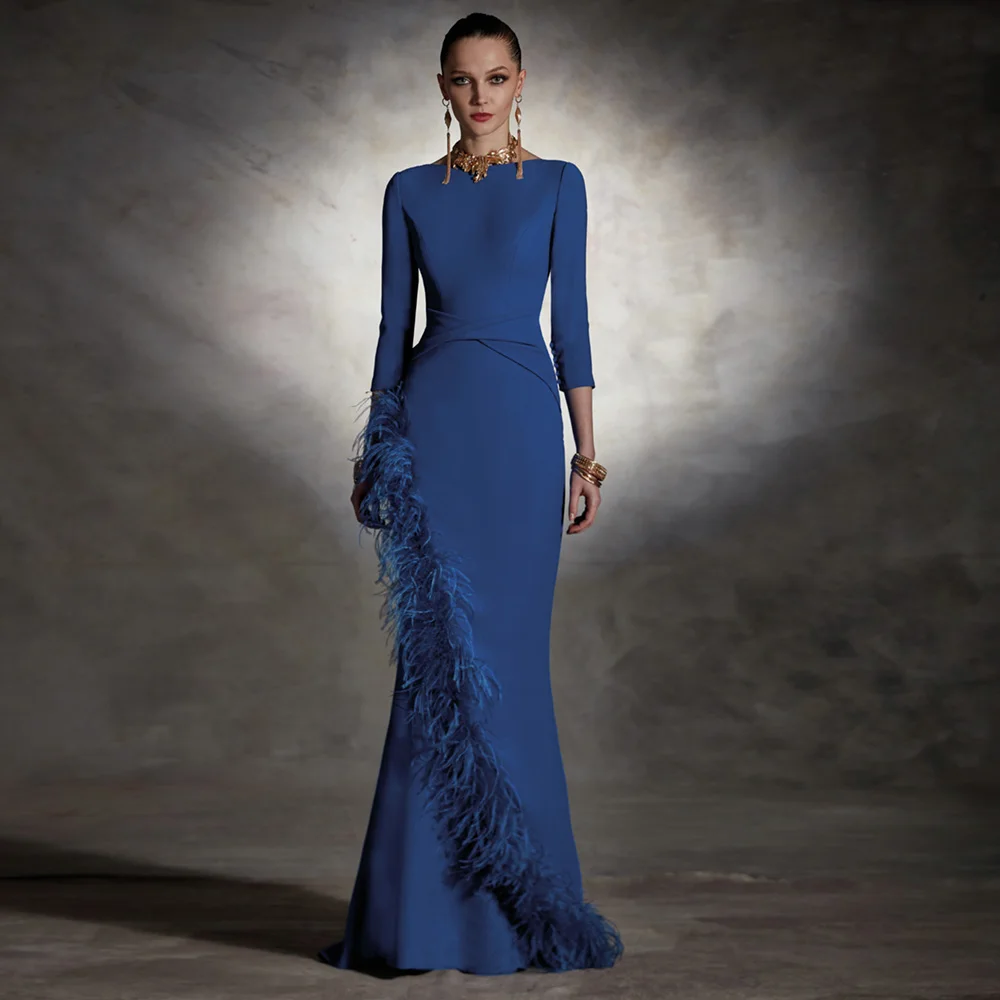 Elegant Blue ชุดเจ้าสาว O คอ 3/4 แขน Mermaid Wedding Party Gowns Feather ยาว FBساتة