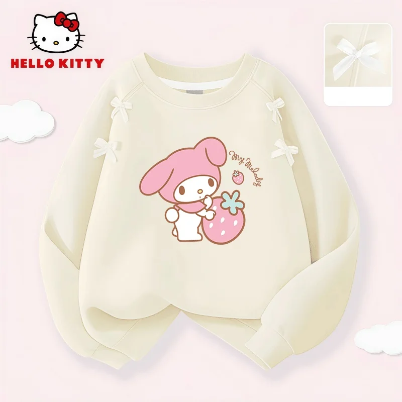 

Детские пуловеры с принтом Hello Kitty и украшением в виде банта, дышащая толстовка для девочек на весну и осень, футболка с круглым вырезом и длинными рукавами