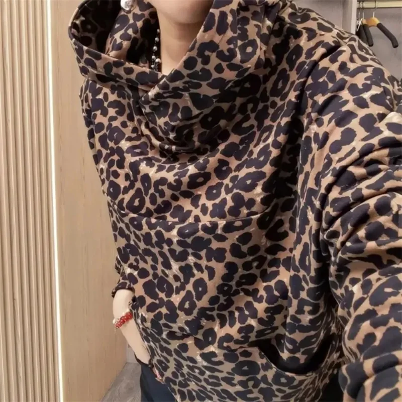 Leopard Print Plus Velvet Padded Sweater Autumn Winter New Hoodies Fashion Casual Loose Tops Women Hooded Pullover Female