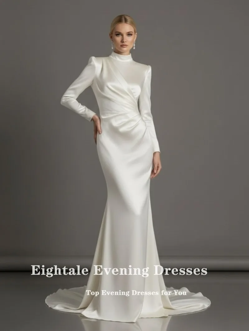 فستان زفاف عربي Eightale مخصص عاجي برقبة عالية من الساتان فستان زفاف مسلم بطول الأرض وأكمام طويلة فستان حفلات العروس