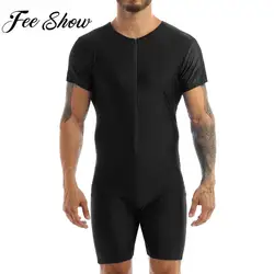 Mens One-piece Swimwear Short Sleeve Zipper Glossy Soft Boxer Bodysuit Swimsuit Beach Pool Party Bathing Suit Rash Guard Wetsuit