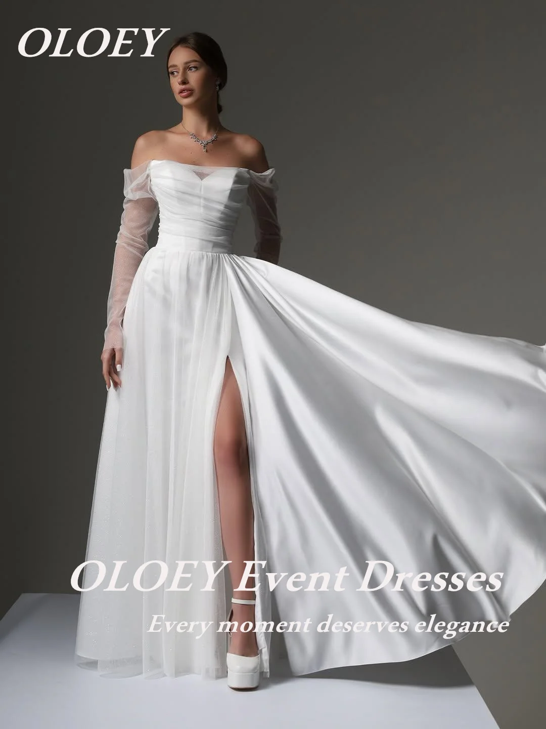 

OLOEY Elegant Off Shoulder Side Slit Ivory A-Line Wedding Dress Customized Tulle Floor Length Bridal Gown Vestidos De Novia