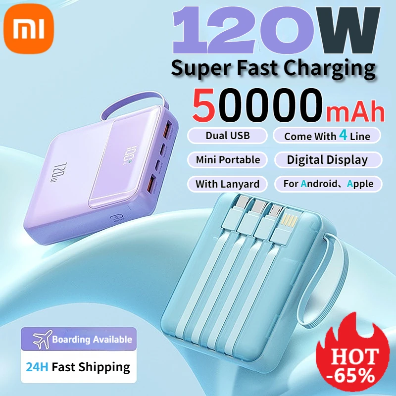 Xiaomi 50000mAh Mini Power Bank 120W Fast Charging Mobile Power Portable External Battery With 4 Wireless For iPhone Samsung New