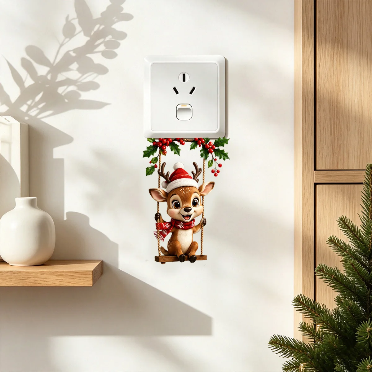 1pcs Christmas Reindeer Swing Switch Wall Sticker Removable Socket Decal For Living Room Bedroom Xmas Home Holiday Decor