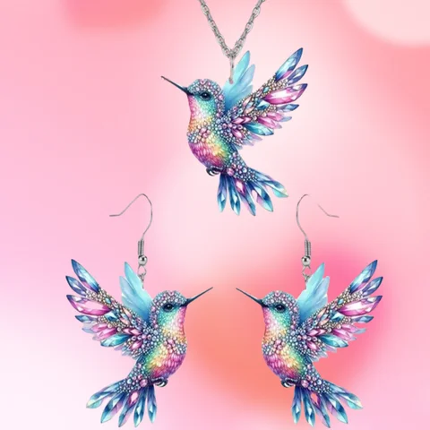 1 set of elegant and stylish acrylic colorful honey sucking bird necklace earrings set with multi color wing design suitable fo