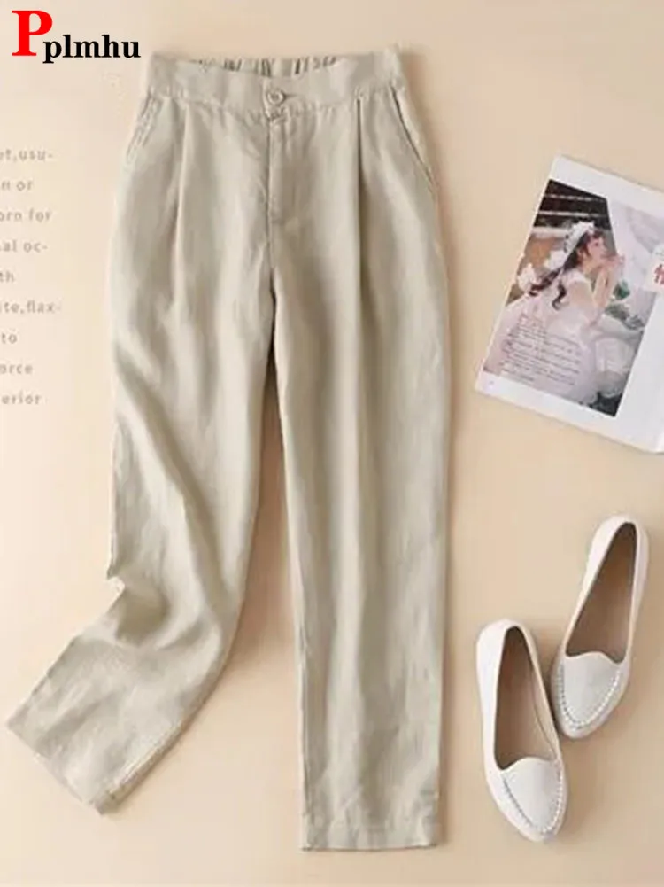 

High Waist Cotton Linen Casual Wide Leg Pants Women Summer Thin Ankle-length Sweatpants Vaqueros Straigh Trousers Korean Spodnie