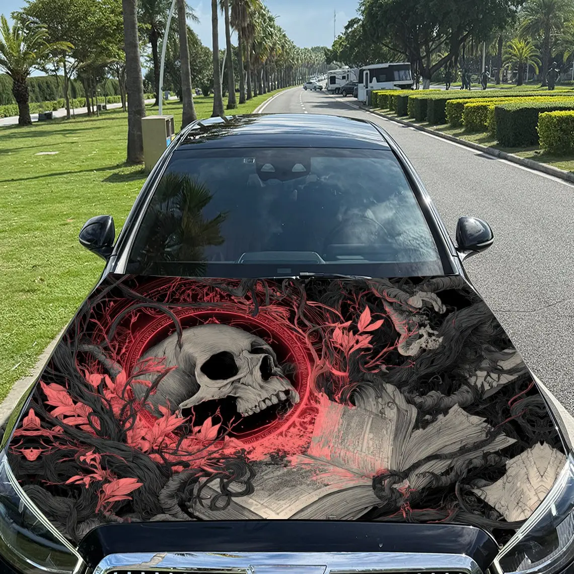 

Scarlet Ring Skull and Vintage Scroll Car Vinyl Wrap, PVC Material Waterproof Car Hood Sticker, Self-Adhesive Scratch-Resistant
