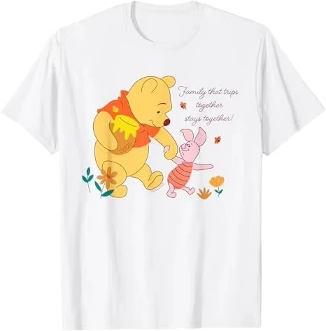 

Winnie the Pooh family travel cotton T-shirt, Little Pig Friend printed short-sleeved casual top