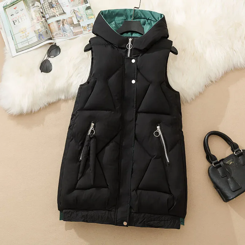 Women's Clothing Winter loose Vest Thickened down Cotton Premium Thermal Jacket Mid-Length Hooded vest