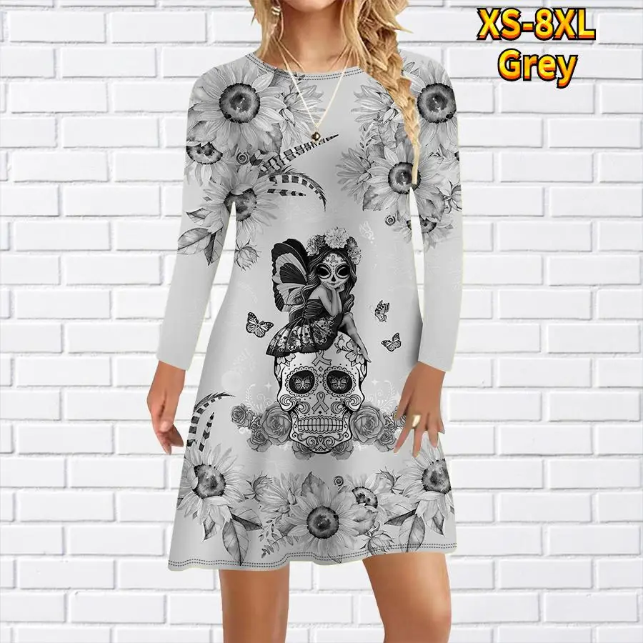 

Женское платье с длинным рукавом на Хэллоуин, уличная одежда с 3D принтом черепа, осеннее модное повседневное платье, женская одежда