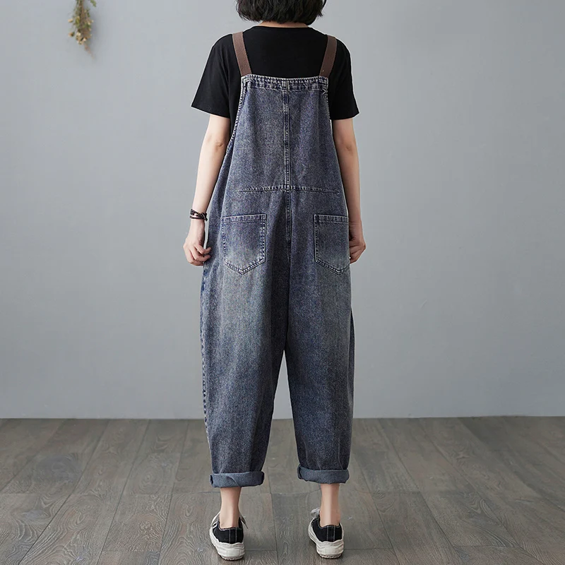 

Retro Denim Overalls Women's Faionable Artistic Autumn New plus Size Slimming Long Pants High Waist Deep Blue Jeans