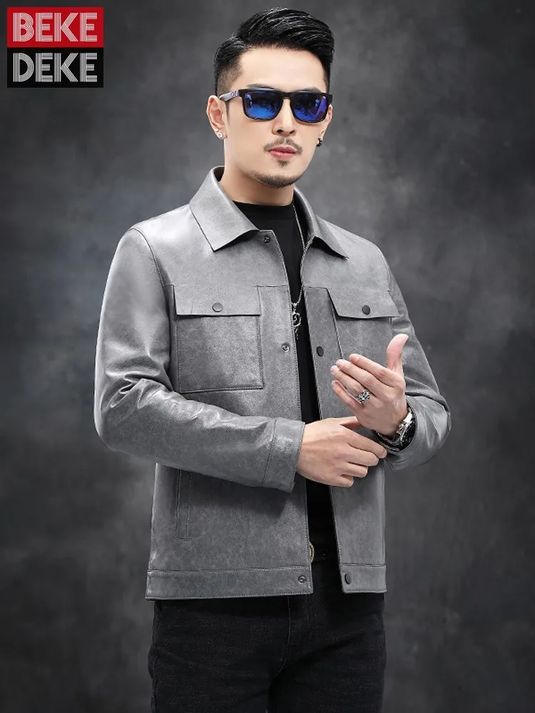 Fashion Autumn New Mens Slim Fit Single Breasted  Sheepskin Genuine Leather Jacket Business Casual Work Coat Real Leather Jacket