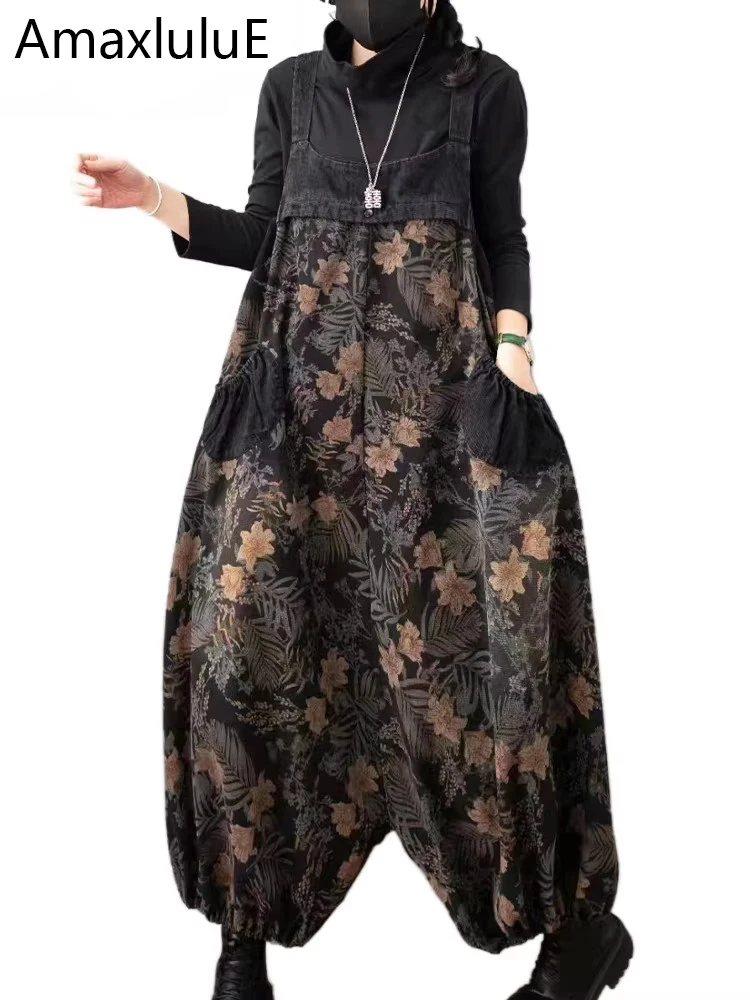 

Amax luluE Spring Vintage Streetwear Womens Floral Printed Casual Jeans Oversized Denim Overalls Ladies High Waist Harem Pants