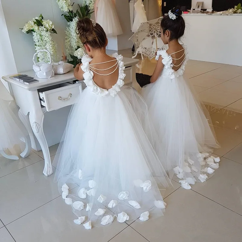 Vestidos de tule branco para meninas, apliques de renda, vestido frisado Pageant, comunhão sagrada, casamento