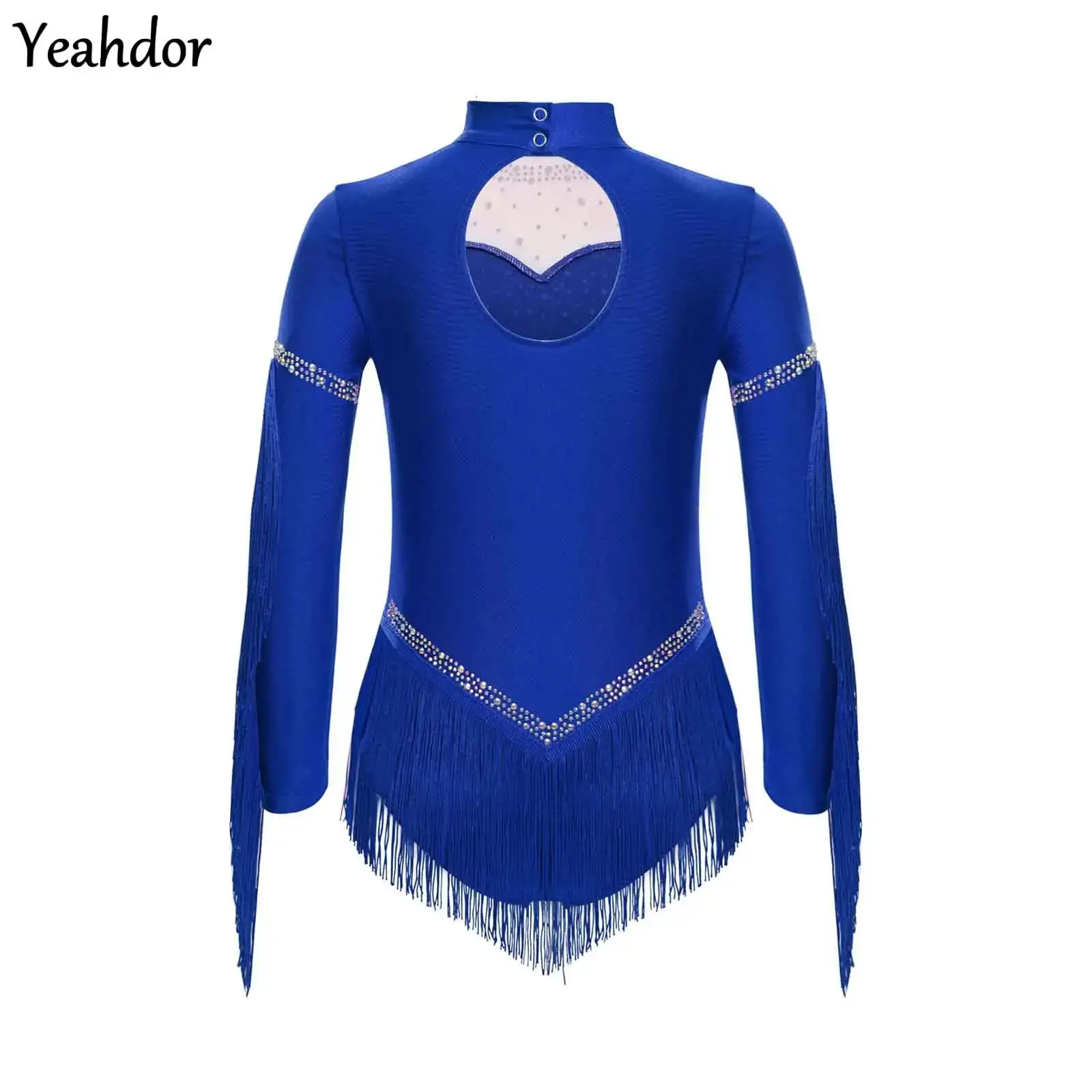 

Kids Girls Latin Dance Leotard Dress Long Sleeve Rhinestones Tassels Cha-Cha Tango Jumpsuit Rhythmic Gymnastics Skating Costume