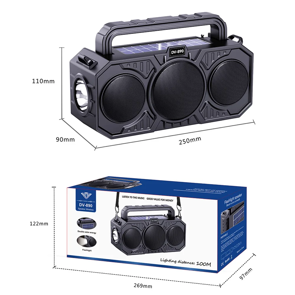 Fm Солнечная Беспроводная Bluetooth-колонка Двойная солнечная энергия Перезаряжаемый фонарик Радио Tf Usb Mp3 Музыкальный плеер Аудиосистема
