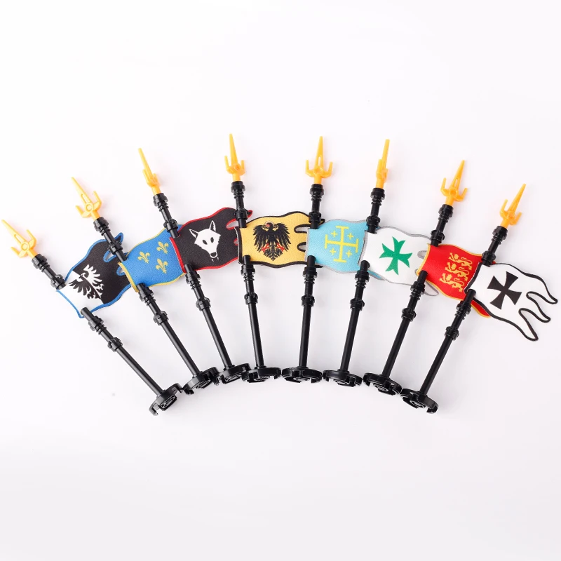 MOC Medieval Flag Series Building Blocks Castle Lion Eagle Knights Soldier Figures Flagpole Accessories Weapons War Bricks Toys