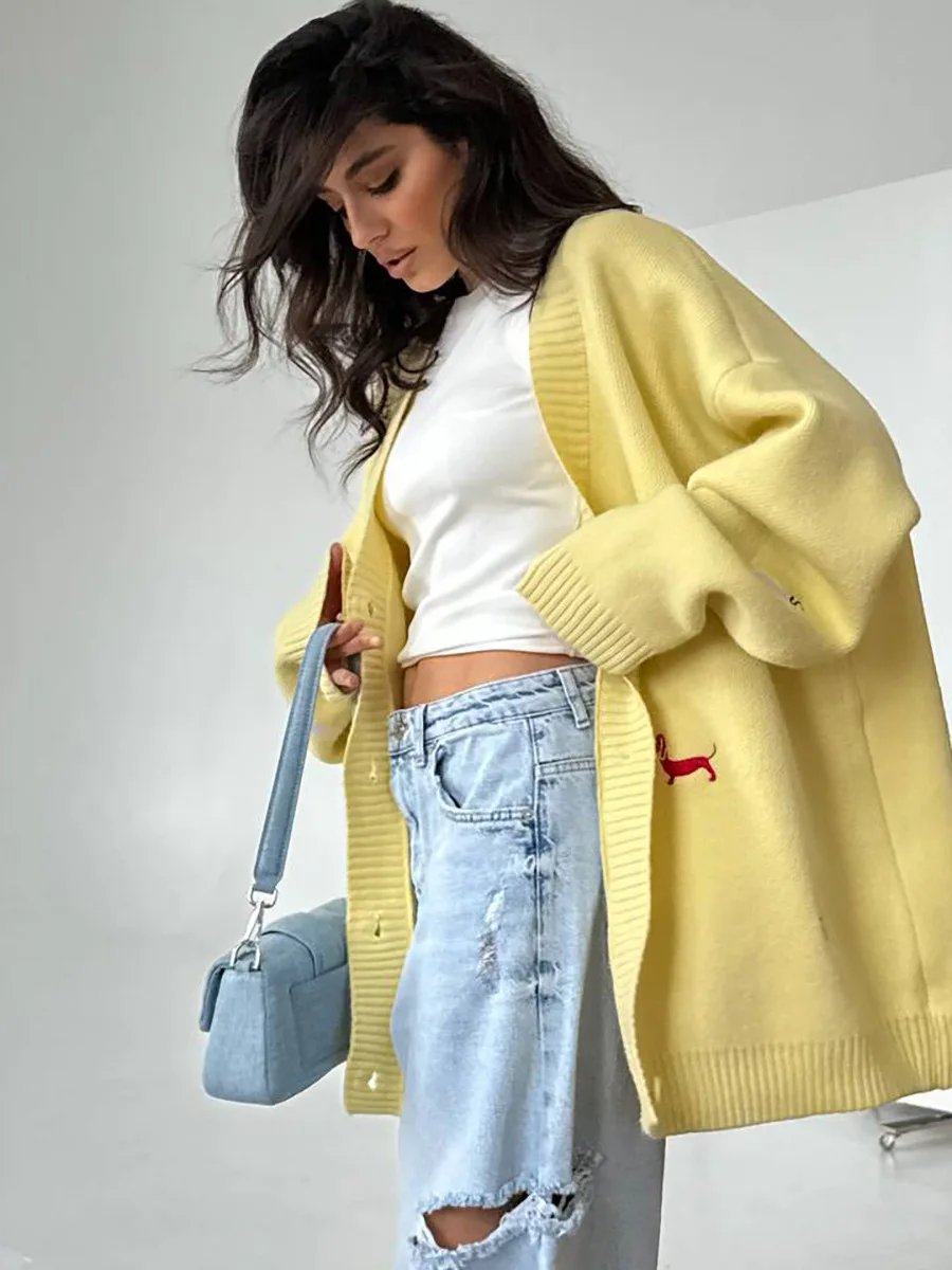 

Кардиган с вышивкой, женский однобортный свободный свитер с v-образным вырезом и длинными рукавами, женский осенний женский универсальный однотонный пиджак