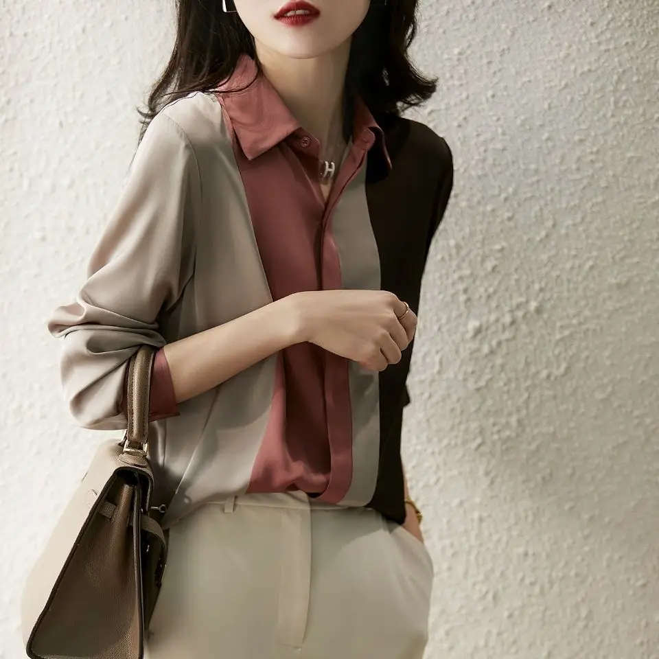 Fashion Patchwork Striped Chiffon Women Shirt 2023 Spring New Office Lady Casual Commuter Lapel Long Sleeve Button Blouse Female