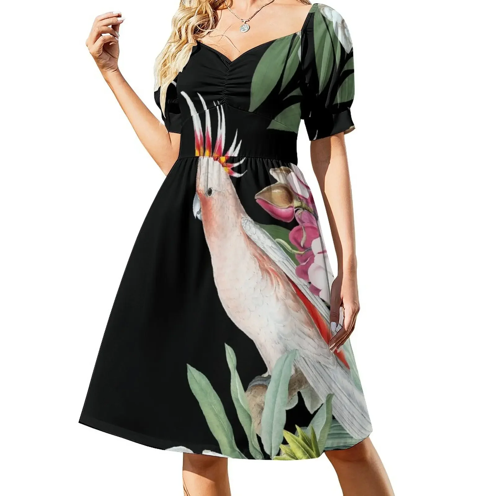 Pink cockatoo in floral jungle Short-Sleeved Dress Long dress woman dresses for woman 2025