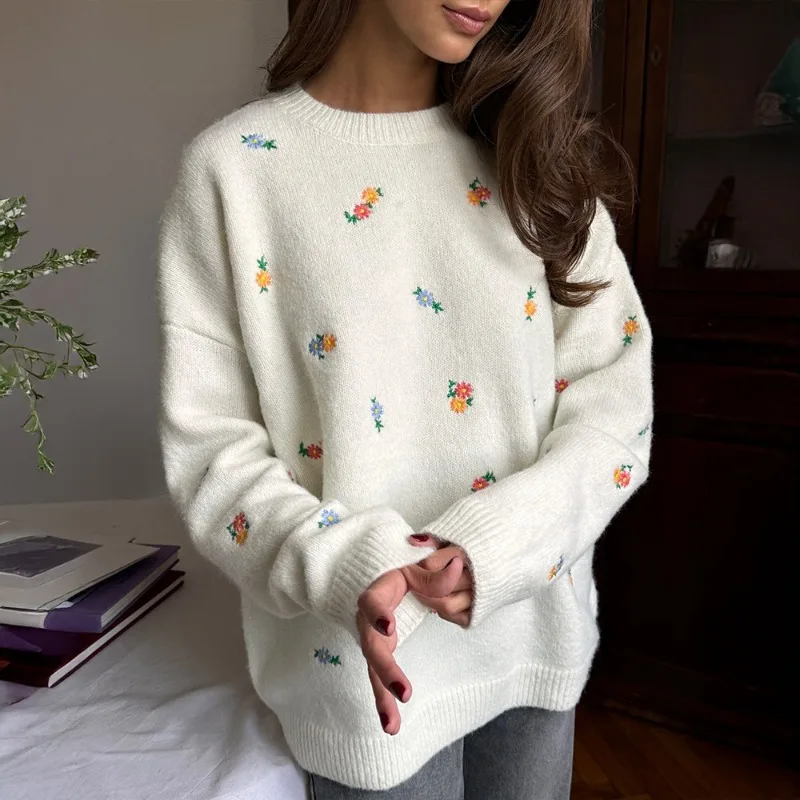 Automne/hiver 2025 nouveau pull à col rond Premium nouveau pull ample en tricot de fleurs brodées pour femmes