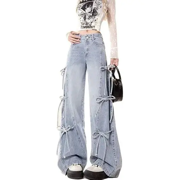 Jeans Bow Tie Autumn New Women Loose American Retro Street Style High-Waisted Wide-Leg Floor-Length Trousers