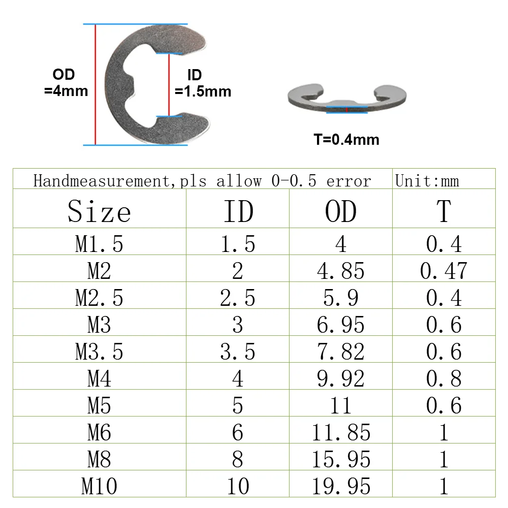 M1.5 M2 M2.5 M3 M3.5 M4 M5 M6 M8 M10 Carbon Steel EClip Washer Circlip Assortment Kit 304 Stainless Steel Snap Ring Locking Clip