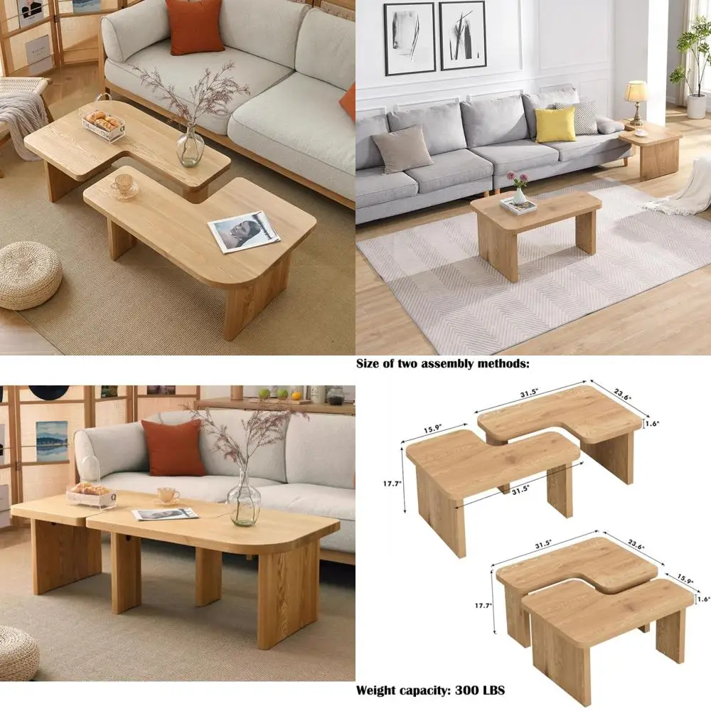 

Modern Nesting Coffee Table Set of 2, Interlocking Living Room Tables with Unique L-Shaped Design, Space-Saving Wood Finish Cent