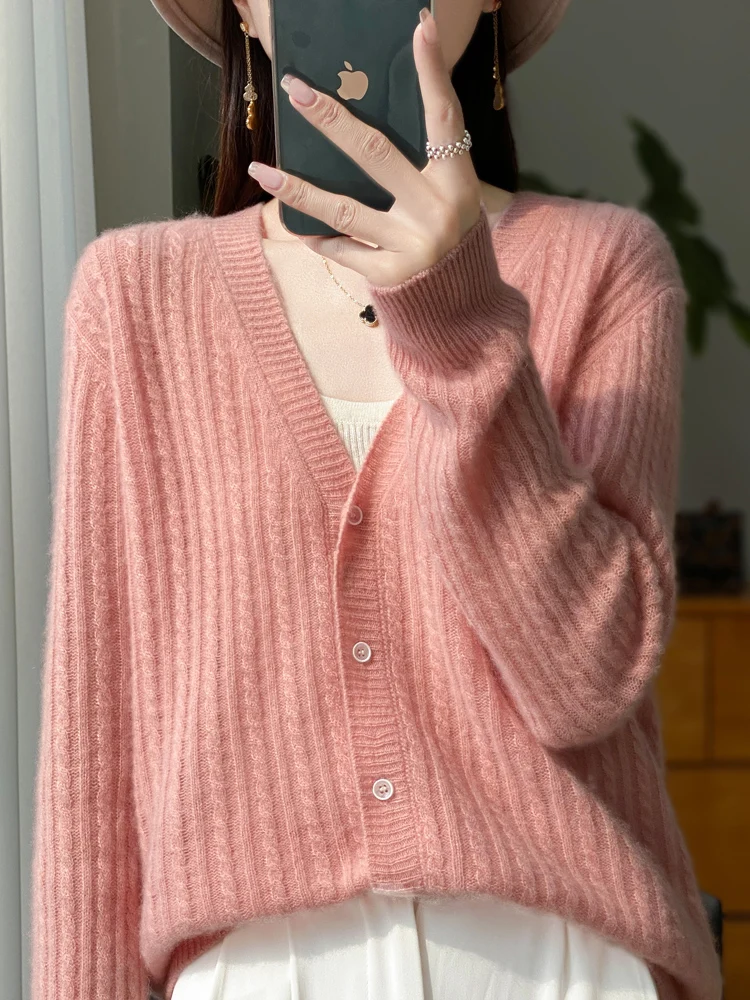 

New Women 100% Merino Wool Buttoned Cardigan Spring Autumn V-Neck Cashmere Sweater Quality Knitwear Hollow Out Tops Clothing