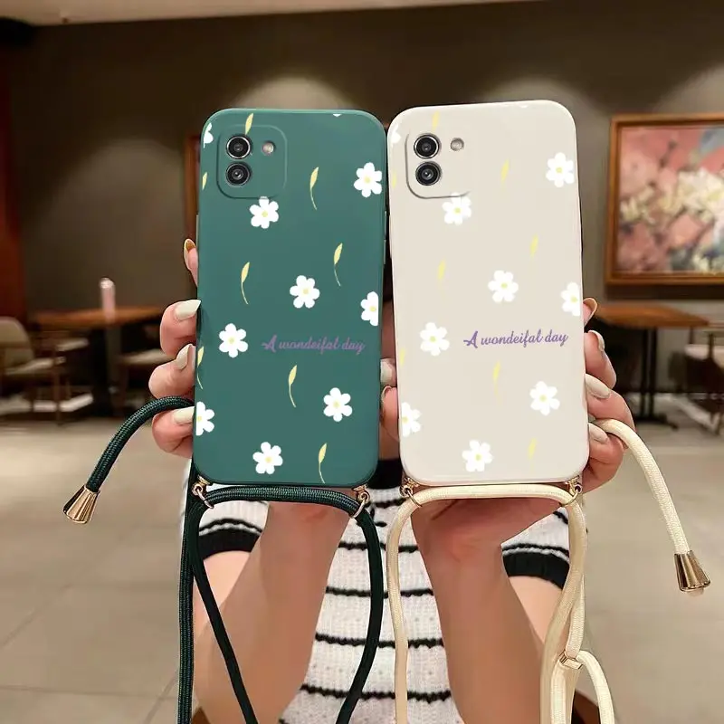 Scattered Daisies Crossbody Lanyard Silicone Phone Case For Samsung Galaxy A03 A04S A04 A04E A03S A24 A21S A34 A50 A22 A14 Cover