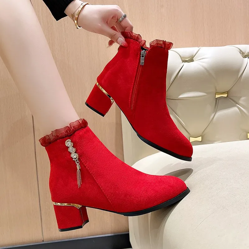 Botas francesas elegantes a la moda para Mujer, Botas cortas mate de tacón grueso a la moda, zapatos cálidos de tacón bajo para Mujer, Botas de Invierno para Mujer
