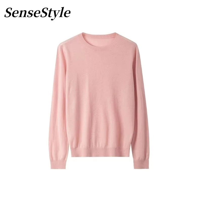 

Women 100% Pure Wool Thin Sweater Spring Round Neck Long Sleeve Loose Elastic Knitted Tops