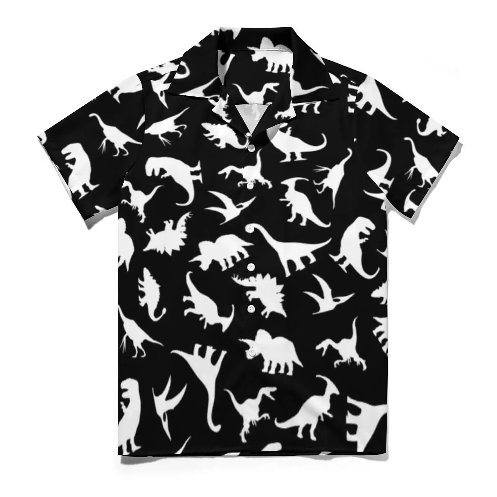 Fun Dinosaurs Pattern Vacation Shirt White on Black Graphic Cute Dino Hawaiian Casual Shirts Mens Fashion Blouses Graphic Top