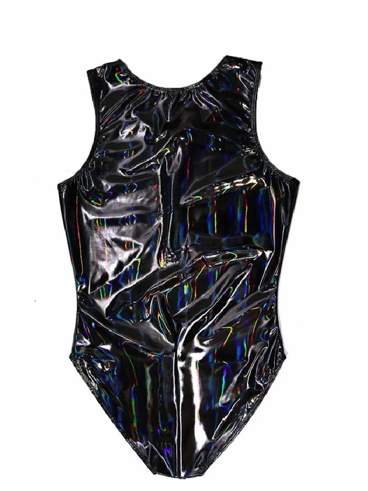 Mens Leather Jumpsuits PVC Dazzle Colour Shiny Catsuit U Convex Pouch Zipper Open Crotch Bodysuit Bright Triangle One-Piece Vest