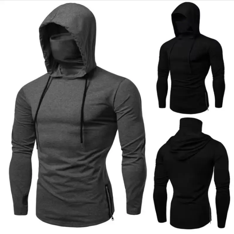 Nueva sudadera fina para gimnasio para hombre, sudaderas con capucha de manga larga con máscara, sudadera informal con empalme, máscara grande, Sudadera con capucha, Tops con capucha para ciclismo