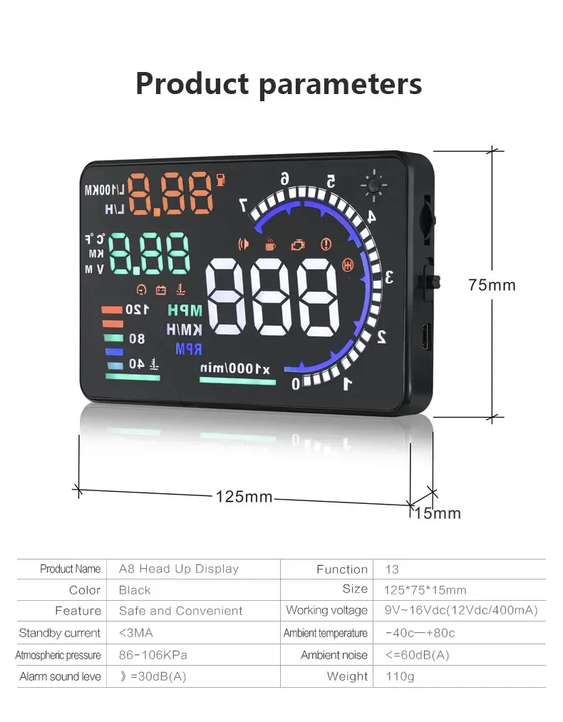 Auto Head-Up-Display RPM Tachometer A8 OBD HUD Head-up-Display Tachometer mit Geschwindigkeitswarnung Auto Elektronik Zubehör – Detail 25