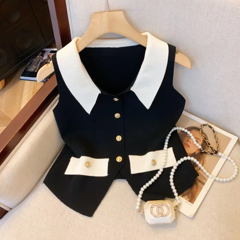 Color Block V-neck Sleeveless Vest For Women Knit Top Lapel Collar Elegant Preppy Cropped Waistcoat High-end Casual